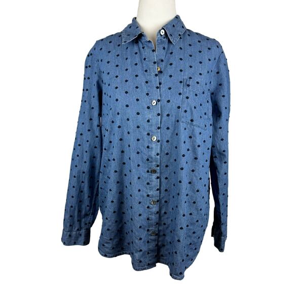 J Jill Denim Womens Button Up Shirt in Westerly Wash/Navy Blue Polka Dot Sz XS - Picture 2 of 16